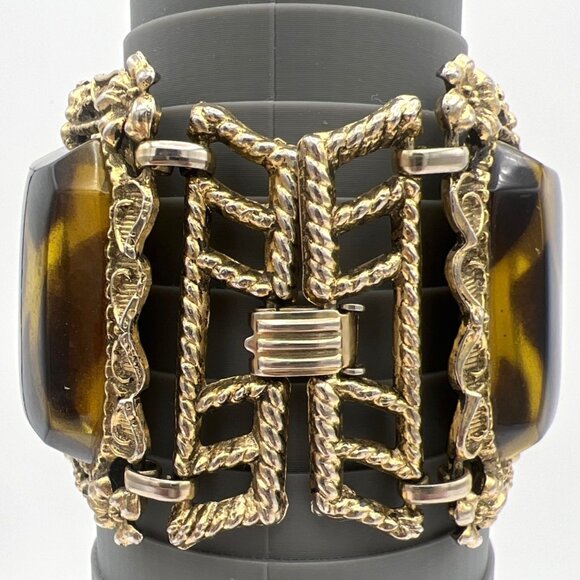 Vintage Animal Print Chunky Bracelet Lucite Brown Gold Cabochons Gold Tone  READ - Picture 3 of 11